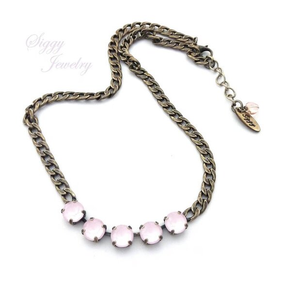 Powder Pink 5 Stone Necklace made with Genuine Swarovski Crystals in 8mm - Picture 1 of 5